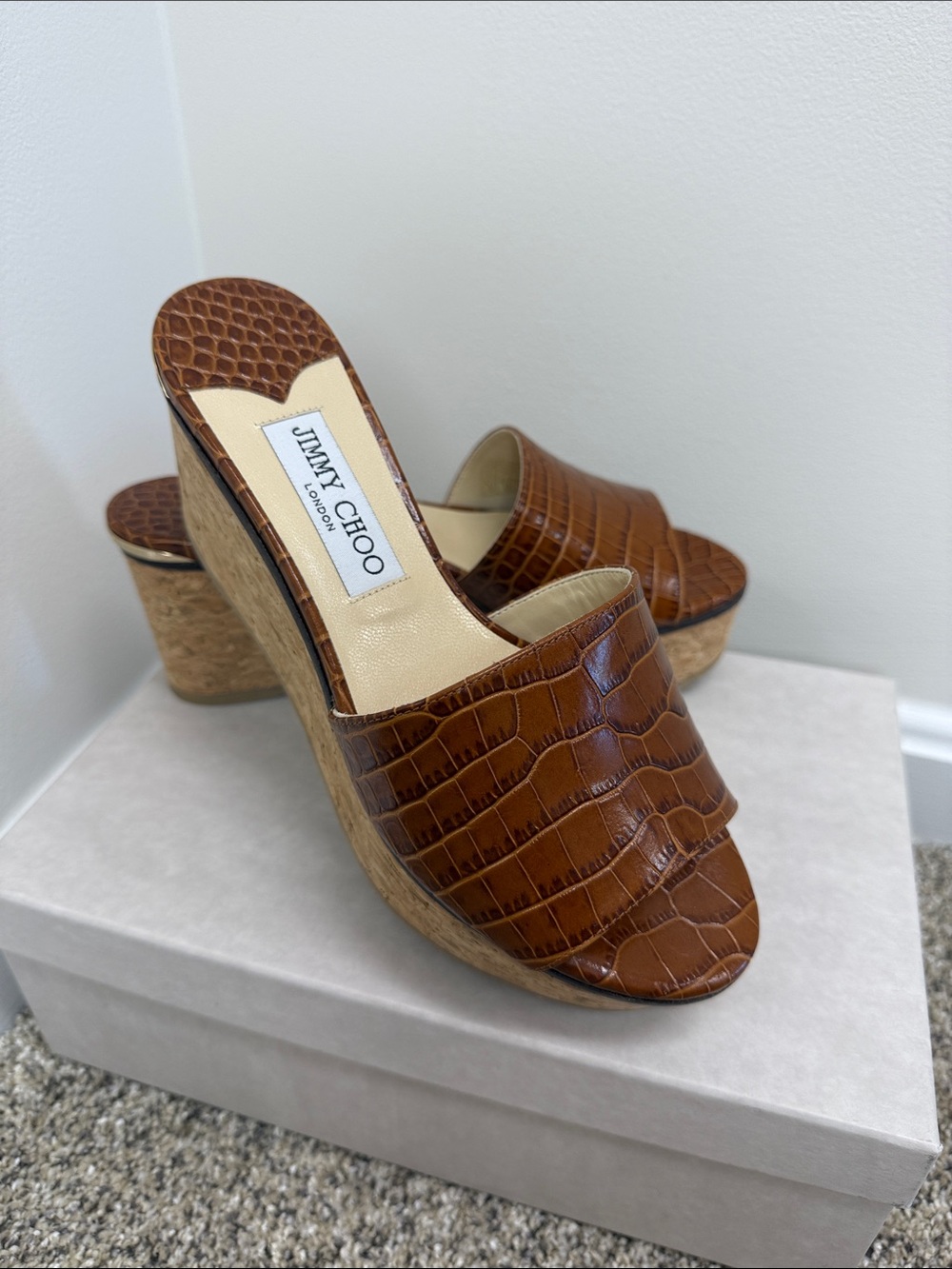 Jimmy Choo DeeDee 80 Croc Embossed Leather Cork Wedge Slide Sandals 37.5